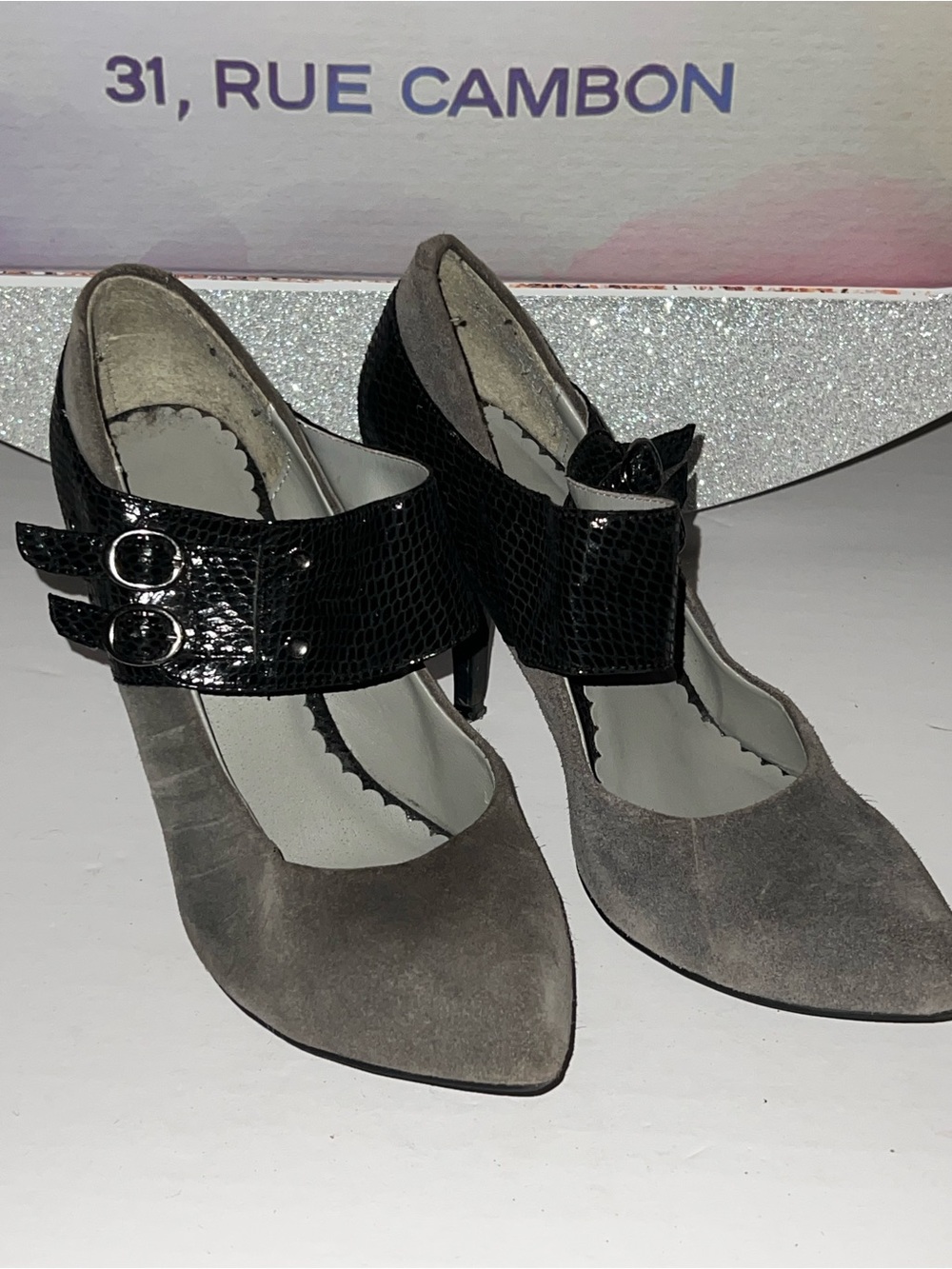 Women’s Two-Tone Suede Pointed-Toe Heels with Black Patent Strap